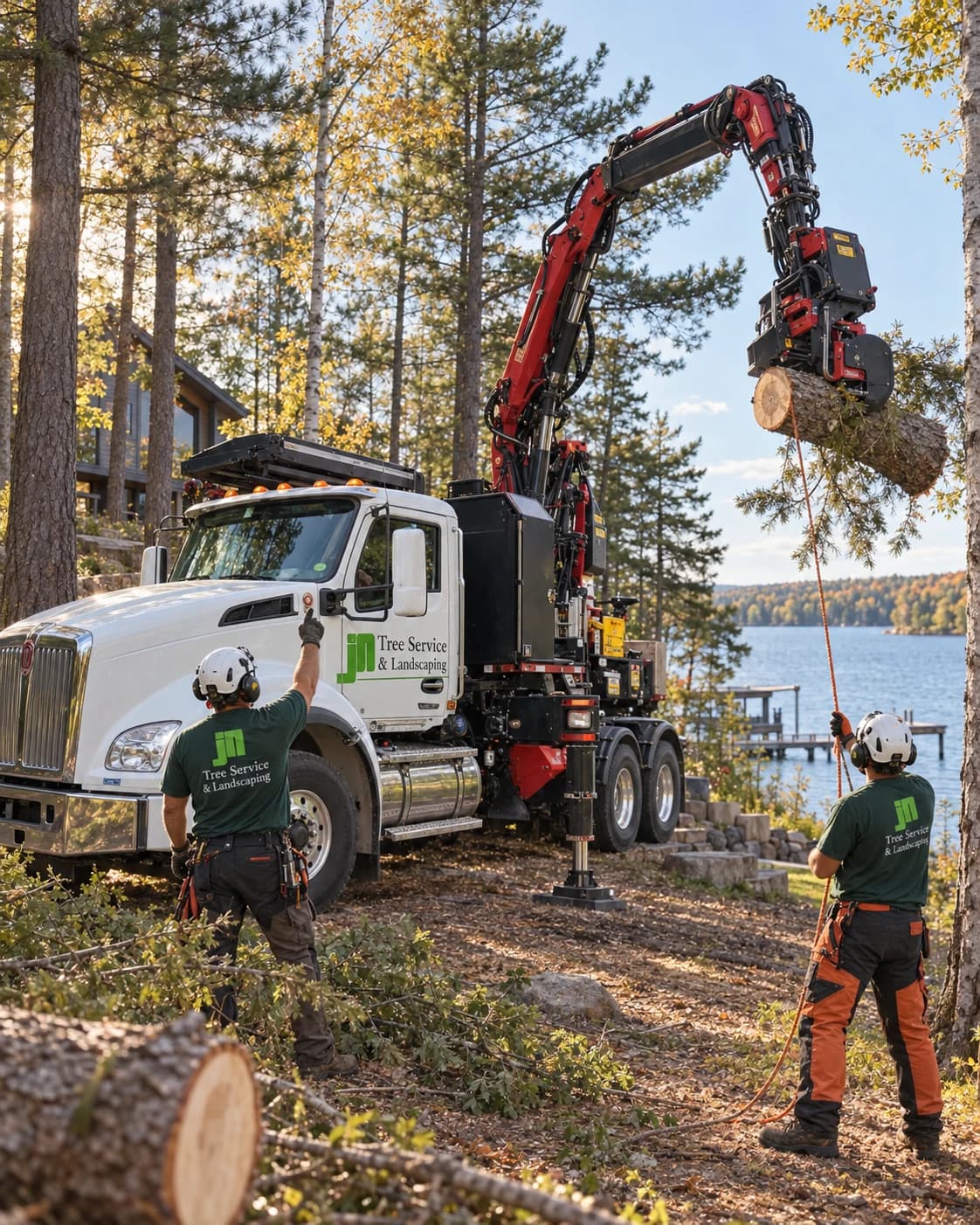 JN Tree Service crew operating grapple-saw equipment at a Brainerd Lakes Area lake property